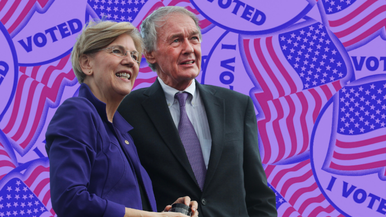 Senators Warren and Markey standing together superimposed on a purple-tinted "I voted" sticker background.