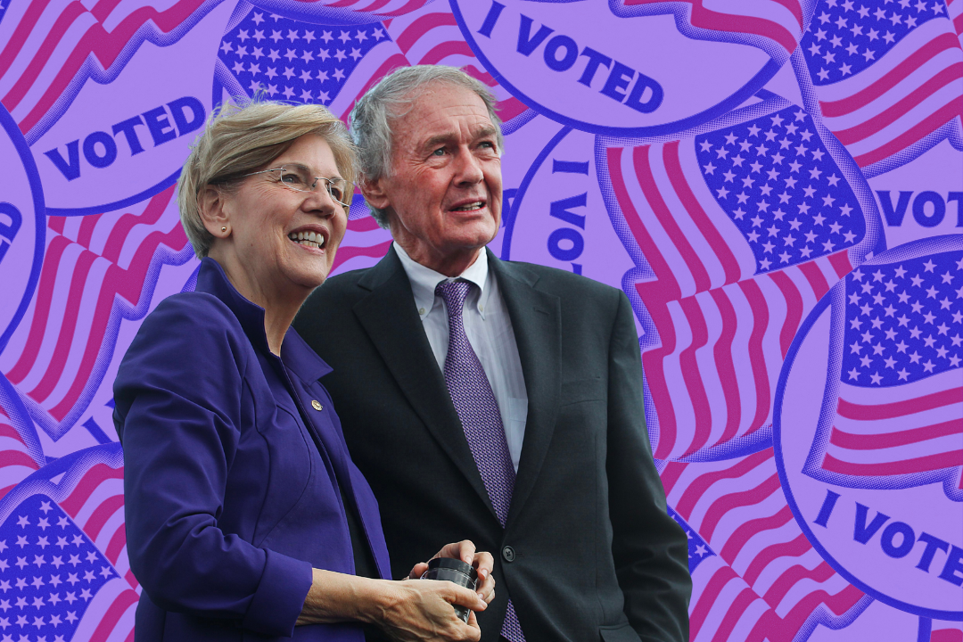 Senators Warren and Markey standing together superimposed on a purple-tinted "I voted" sticker background.