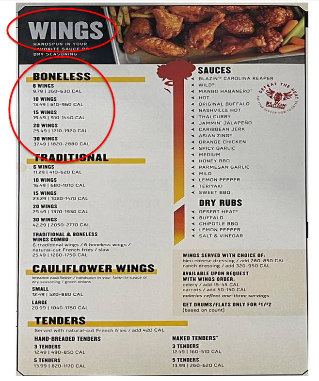 Menu buffalo hot sale wings