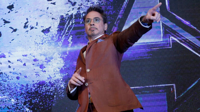 Robert Downey Jr. poses during a press conference to promote "Avengers Endgame" in Seoul, South Korea, on April 15, 2019.