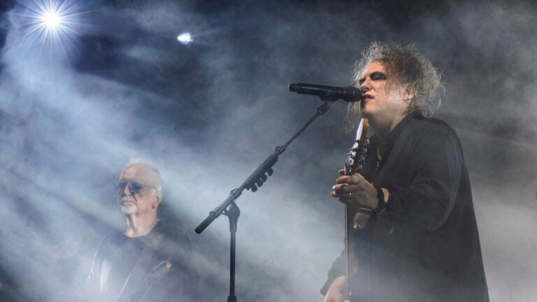 Reeves Gabrels, left, and Robert Smith perform during the concert of the English rock band The Cure in Papp Laszlo Budapest Sports Arena in Budapest, Hungary, Wednesday, Oct. 26, 2022.