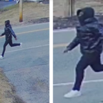 A Black male, approximately 5'7", wearing a black puffy jacket, black hooded sweatshirt, dark pants, and white sneakers runs down a residential street after allegedly robbing a mail carrier.