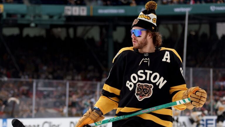 David Pastrnak before a game between the Bruins and Penguins.