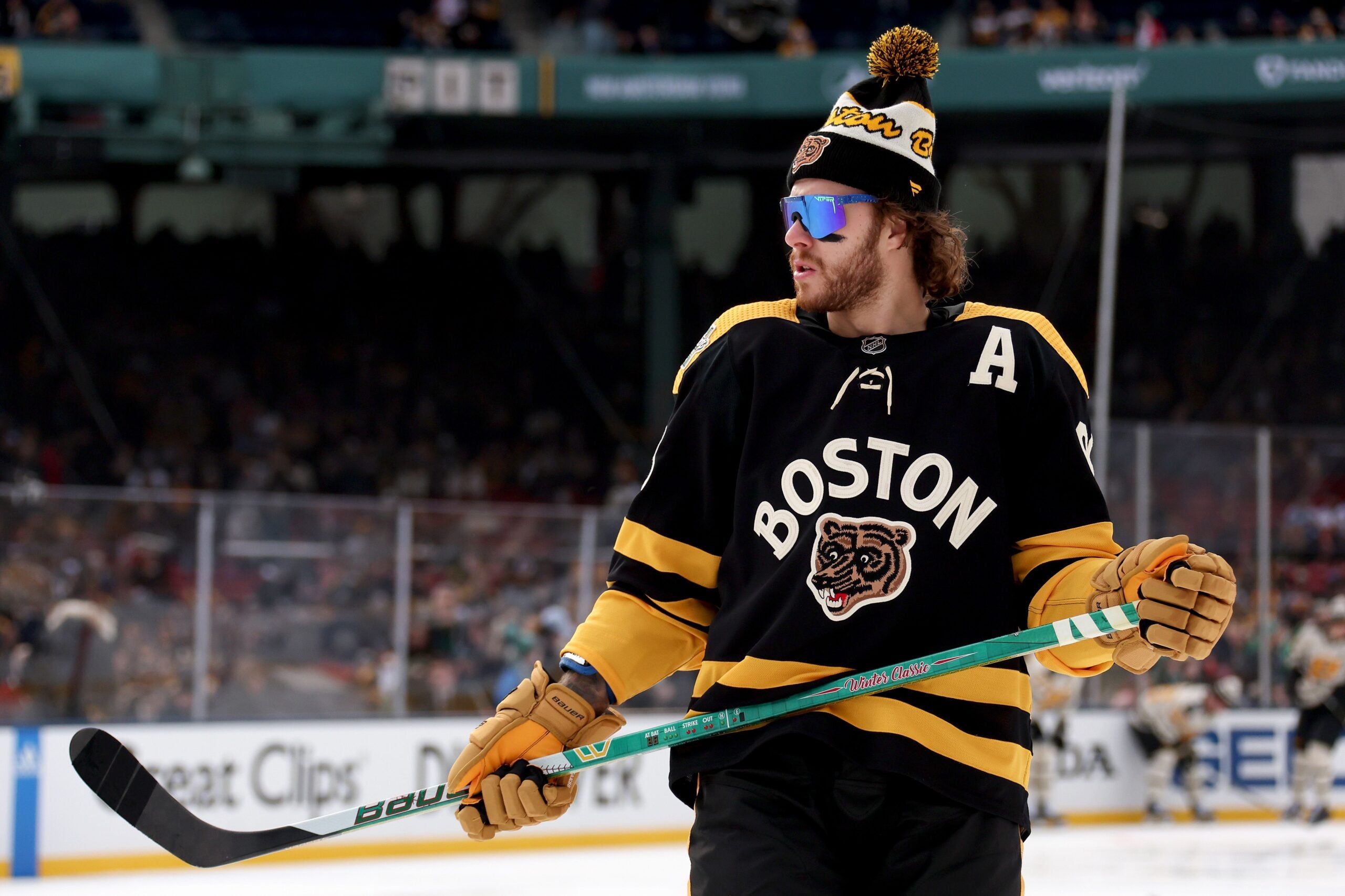 David Pastrnak before a game between the Bruins and Penguins.