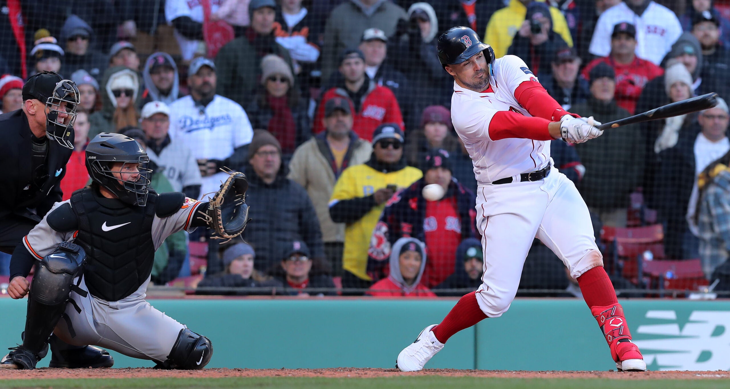 Adam Duvall swings and misses to end Boston's Opening Day loss.