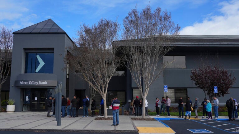 The line on Monday outside the former Silicon Valley Bank in Santa Clara, Calif., which opened under new auspices.