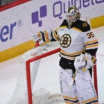 Bruins goalie Linus Ullmark in net against the Blackhawks.