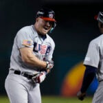 Mike Trout celebrates for team USA in the World Baseball Classic