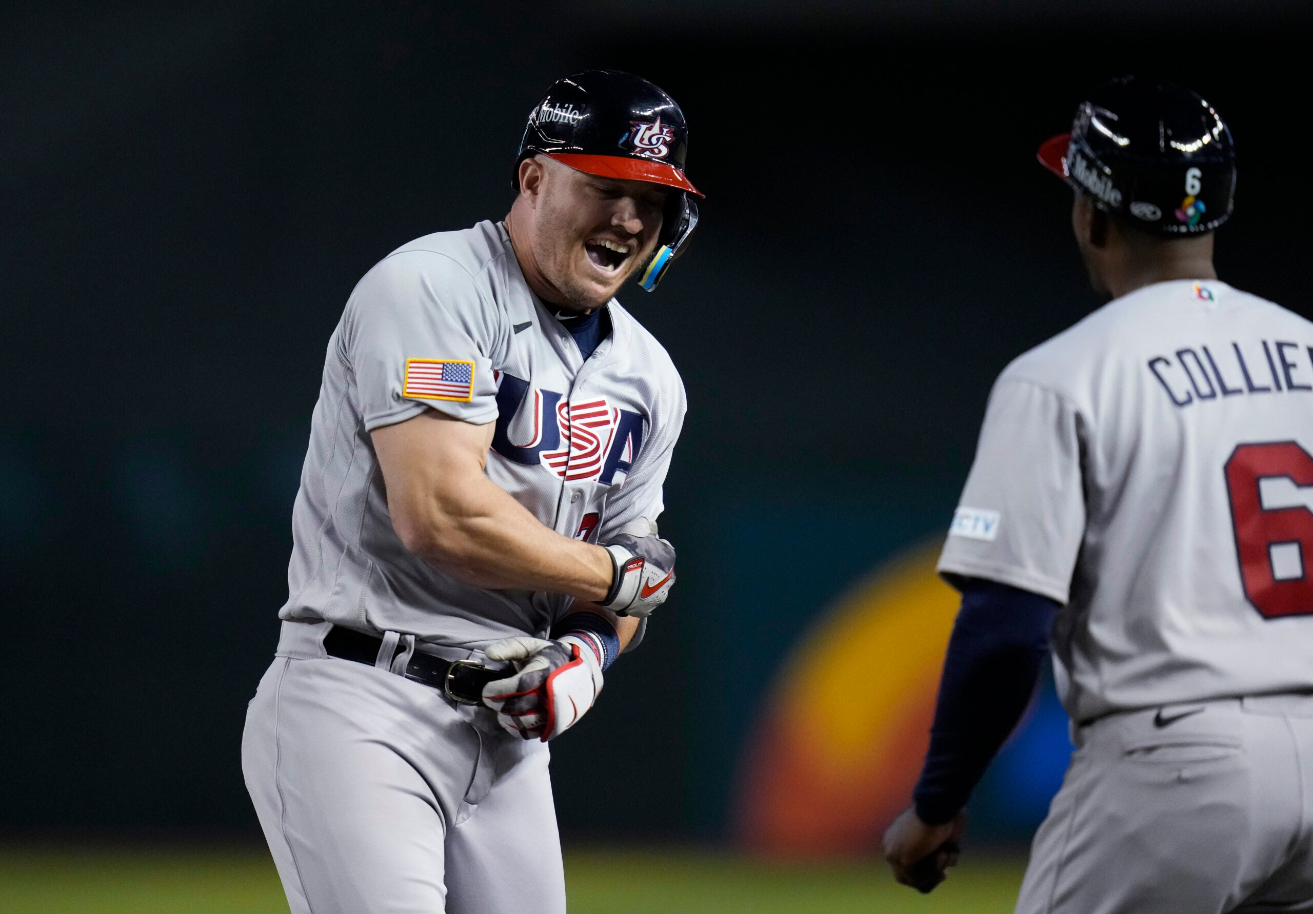 Mike Trout celebrates for team USA in the World Baseball Classic