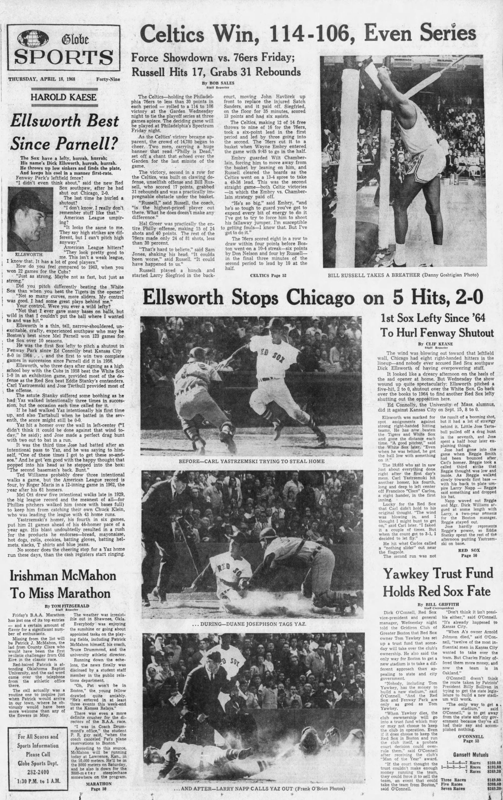 1968 Celtics 76ers Bill Russell Boston Globe