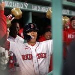 The Red Sox Masataka Yoshida is pumped (with inflatable barbells) in the dugout following the first MLB home run of his career in the first inning It was one of three home runs Boston hit in the inning. The Red Sox hosted the Pittsburgh Pirates in a regular season MLB interleague baseball game at Fenway Park.