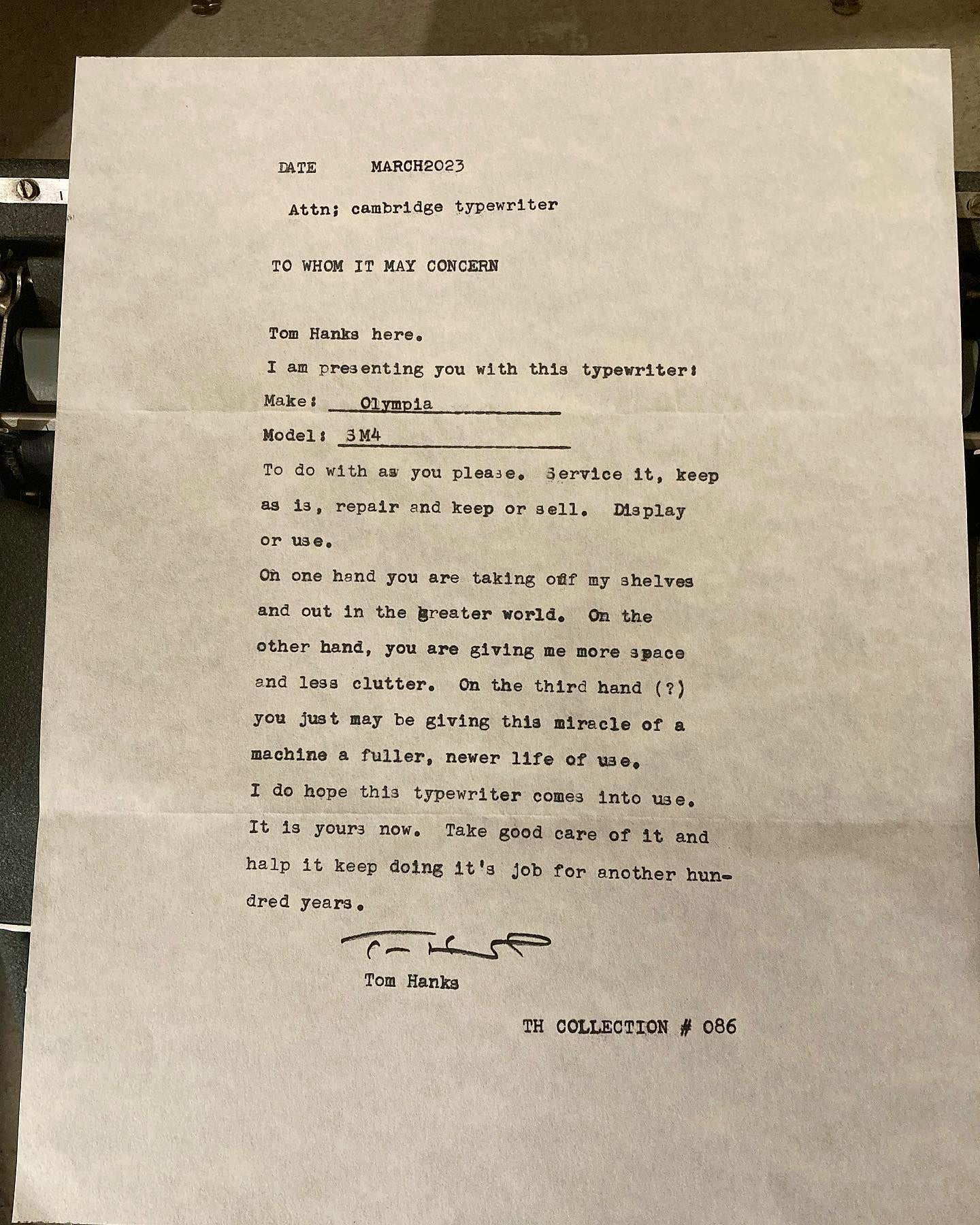 A typewriter-written letter from Tom Hanks, explaining his decision to gift Cambridge Typewriter with a vintage model from his collection.