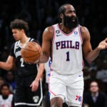 James Harden receives a foul call against the Nets.