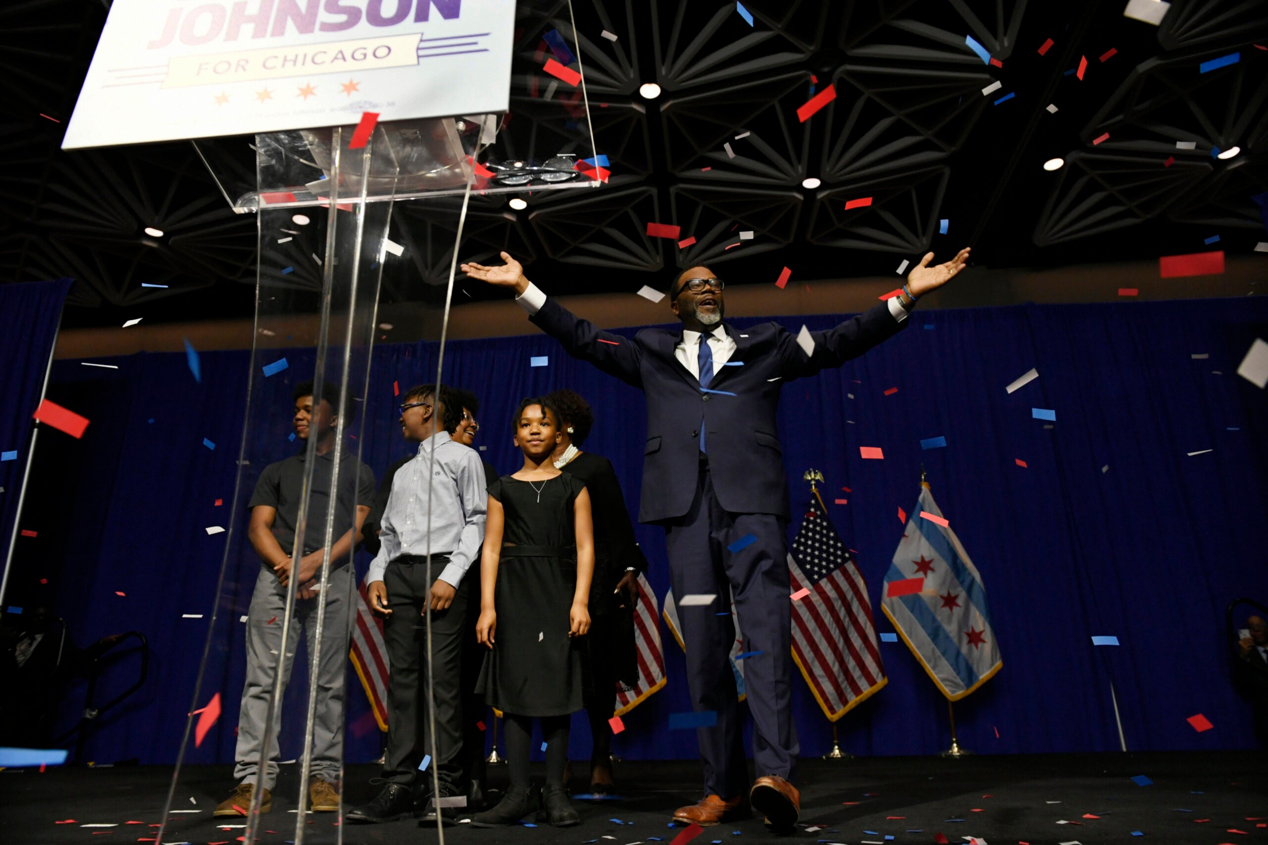 Chicago Mayor-elect Brandon Johnson celebrates with his family and supporters after defeating Paul Vallas in the mayoral runoff election, late Tuesday, April 4, 2023, in Chicago. 