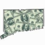 A outline of the state of Connecticut is filled with dollar bills to illustrate a story on property taxes.