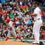 Red Sox pitcher Brayan Bello stands on the mound after allowing a homer to Hunter Renfroe.