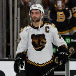 Boston Bruins' Patrice Bergeron after an NHL hockey game against the Colorado Avalanche Saturday, Dec. 3, 2022, in Boston.