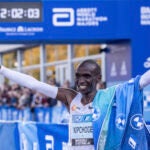 Kenyan runner, Eliud Kipchoge, celebrates after resetting the marathon world record by 30 seconds at the BMW Berlin Marathon on Sunday, Sept. 25, 2022. The Abbott-sponsored athlete finished the race in 2 hours 1 minute and 9 seconds (02:01:09).