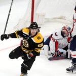 Boston Bruins left wing Tyler Bertuzzi (59) celebrates after scoring to put the B’s up 2-0 during the second period. The Boston Bruins host the Washington Capitals on April 12, 2023 at TD Garden in Boston, MA.