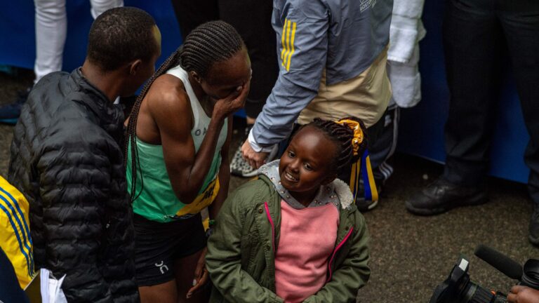 Hellen Obiri, 33, of Kenya reacts after taking first place in the Women's race during the 127th Boston Marathon in Boston, Massachusetts