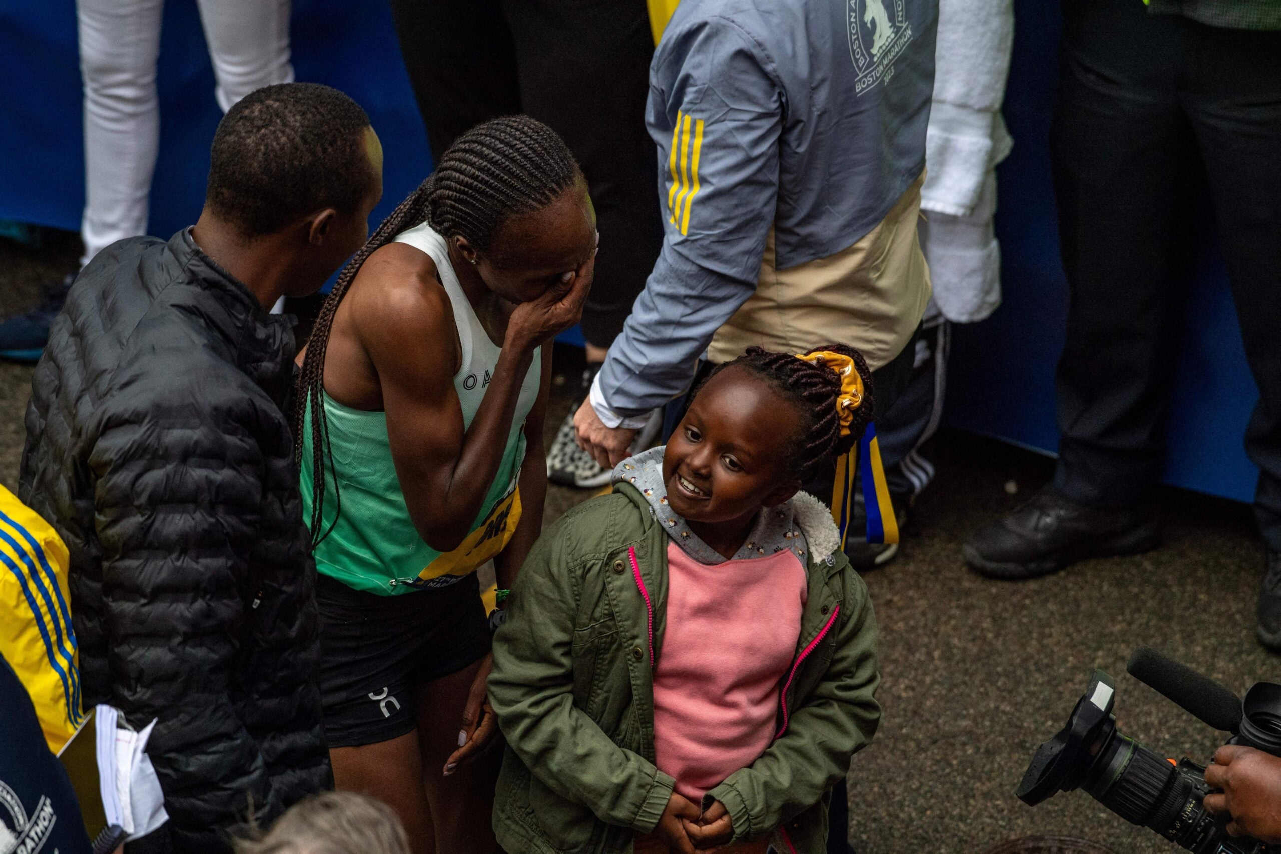 Hellen Obiri, 33, of Kenya reacts after taking first place in the Women's race during the 127th Boston Marathon in Boston, Massachusetts