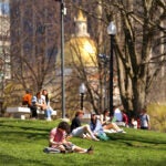People sit on a hillside of the Boston Common.