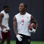 Boston College Eagles wide receiver Zay Flowers during a football drill at an NFL Pro Day, Friday, March 24, 2023, in Boston.