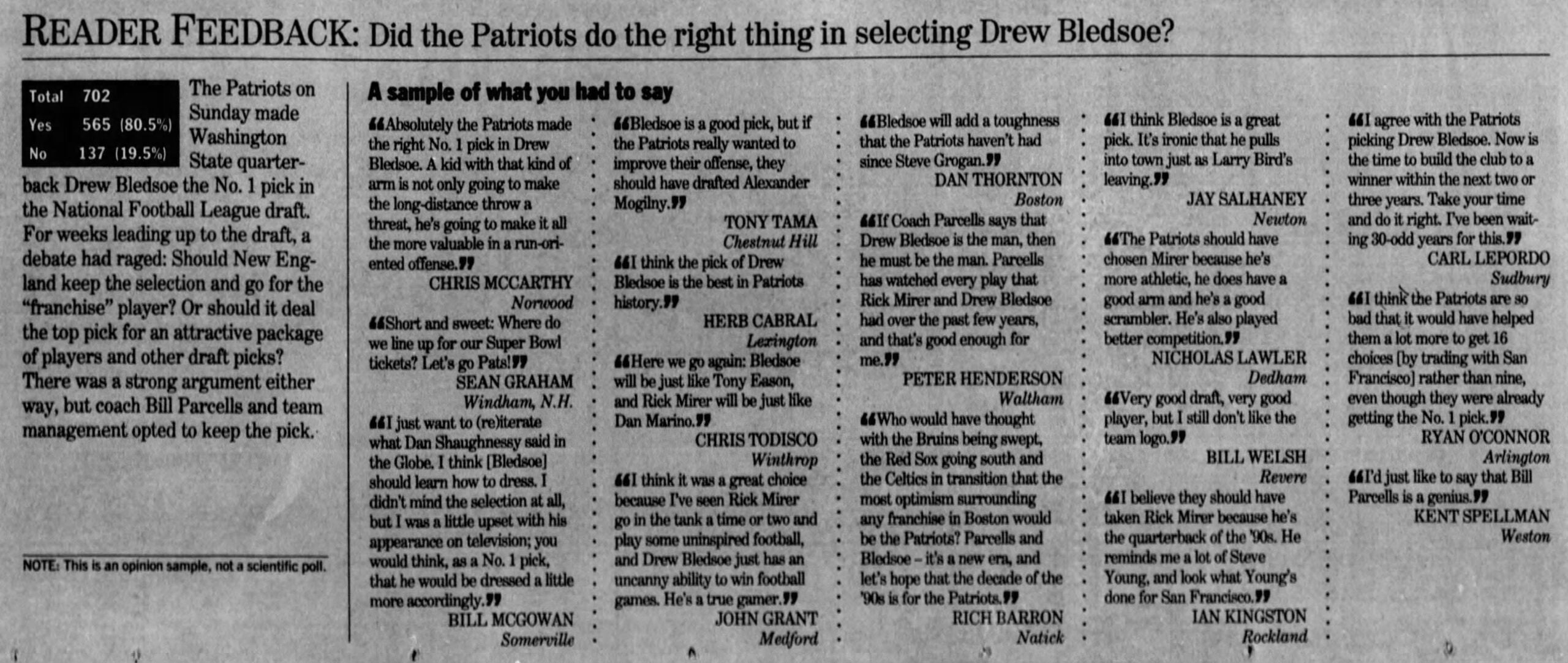 Boston Globe reader feedback 1993 NFL Draft Drew Bledsoe