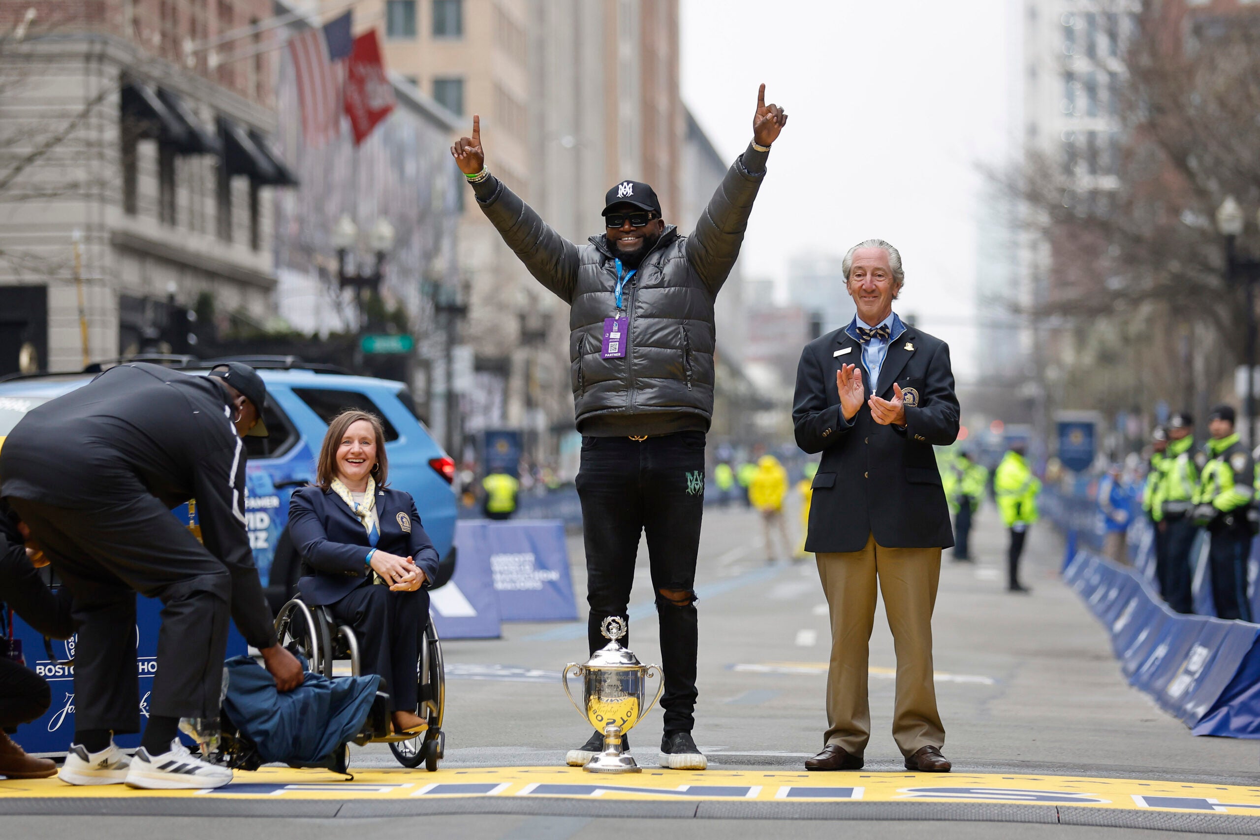David Ortiz stands at the finish line of the Boston Marathon