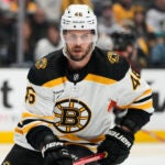 Boston Bruins' David Krejci (46) skates during the first period of an NHL hockey game against the Anaheim Ducks Sunday, Jan. 8, 2023, in Anaheim, Calif.