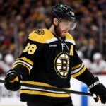 David Pastrnak #88 of the Boston Bruins looks on against the Florida Panthers during the second period in Game Five of the First Round of the 2023 Stanley Cup Playoffs at TD Garden on April 26, 2023 in Boston, Massachusetts.