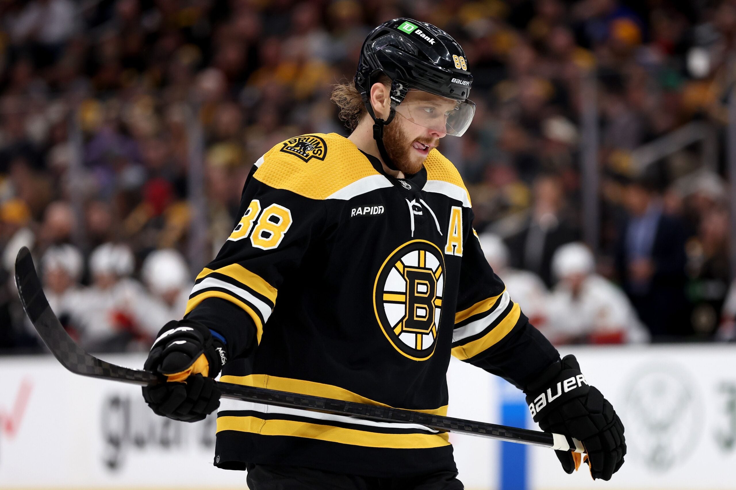 David Pastrnak #88 of the Boston Bruins looks on against the Florida Panthers during the second period in Game Five of the First Round of the 2023 Stanley Cup Playoffs at TD Garden on April 26, 2023 in Boston, Massachusetts.