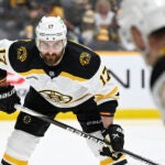 Boston Bruins left wing Nick Foligno (17) plays against the Nashville Predators during the first period of an NHL hockey game Thursday, Feb.16, 2023, in Nashville, Tenn.