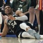 Giannis Antetokounmpo gets injured in the first game of the NBA playoffs.