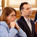 Brian Walshe and his defense attorney, Tracy Miner, listen to details of the cleaning products he bought at area hardware stores.