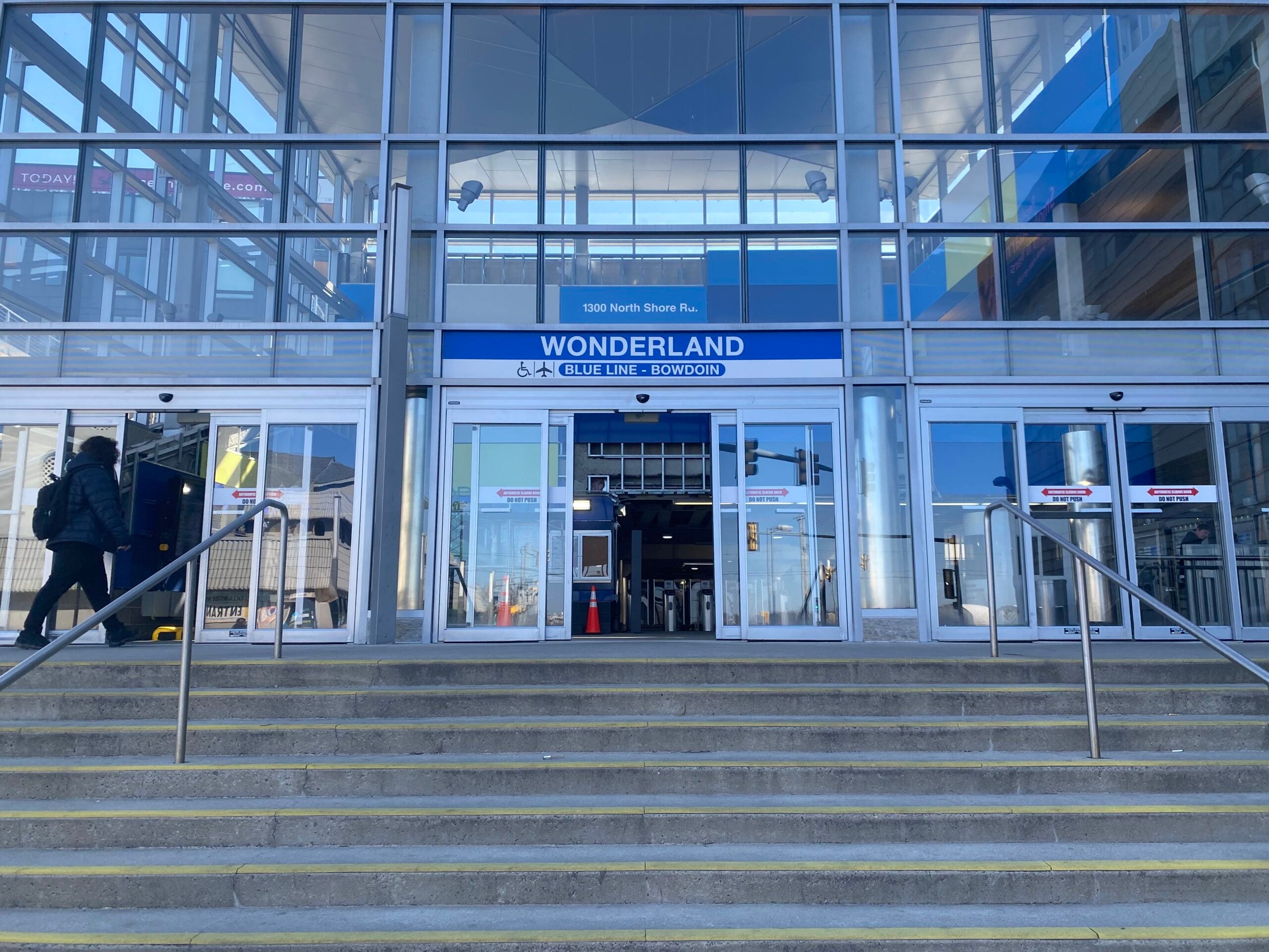 The entrance to the Wonderland T station in Revere.
