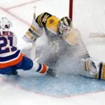 New York Islanders' Kyle Palmieri (21) scores on Boston Bruins' Linus Ullmark (35) during the second period of an NHL hockey game, Saturday, Feb. 18, 2023, in Boston.