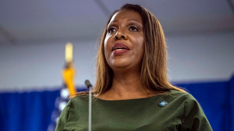 alt = New York Attorney General Letitia James speaks during a press conference, Sept. 21, 2022, in New York.