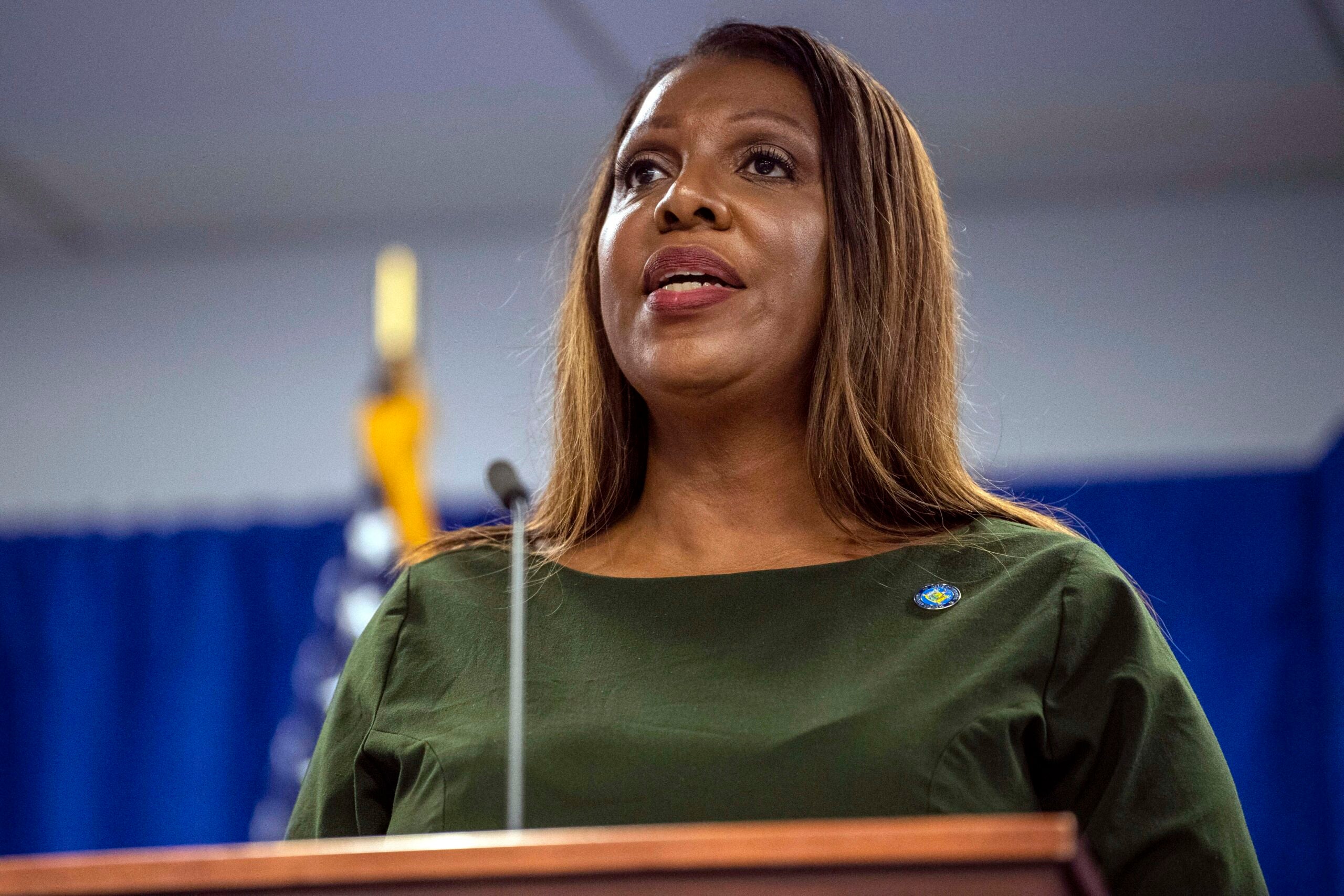 alt = New York Attorney General Letitia James speaks during a press conference, Sept. 21, 2022, in New York.