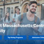 Promoting Massachusetts Central University, a man with a blue shirt and backpack walks next to a woman wearing a white shirt and holding a clipboard