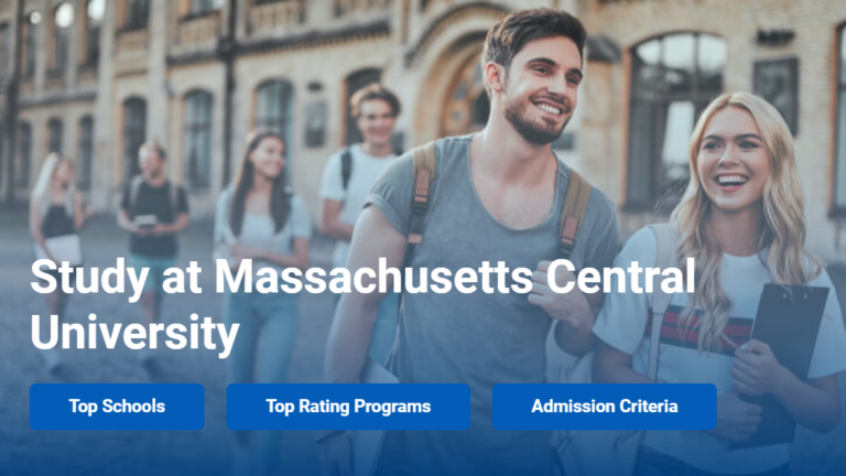 Promoting Massachusetts Central University, a man with a blue shirt and backpack walks next to a woman wearing a white shirt and holding a clipboard