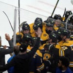 Bruins celebrate near the glass after defeating the Toronto Maple Leafs during overtime.