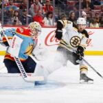 Goaltender Alex Lyon #34 of the Florida Panthers stops a shot from Brad Marchand #63 of the Boston Bruins during second period of the game at the FLA Live Arena on January 28, 2023 in Sunrise, Florida.