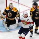 Panthers Aleksander Barkov celebrates the Panthers 3rd period goal try Brandon Montour to put them ahead, 3-2 as Boston Bruins goaltender Linus Ullmark (35) and Boston Bruins defenseman Charlie McAvoy (73) look on.