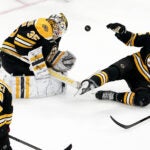 Boston Bruins goaltender Linus Ullmark (35) makes a save during the third period. The Boston Bruins host the Florida Panthers in Game 1 of the Stanley Cup Playoffs on April 18, 2023 at TD Garden in Boston, MA.