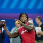 Florida quarterback Anthony Richardson runs a drill at the NFL football scouting combine in Indianapolis, Saturday, March 4, 2023.