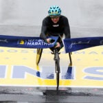 Susannah Scaroni crosses the finish line to win the women’s wheelchair race at the 2023 Boston Marathon.