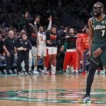 Jaylen Brown looks on as the Hawks celebrated their key plays down the stretch that gave them the Game 5 win.