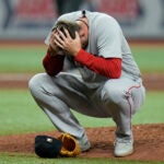 Boston Red Sox's Zack Kelly reacts after hitting Tampa Bay Rays' Yandy Diaz with a pitch during the fifth inning of a baseball game Wednesday, April 12, 2023, in St. Petersburg, Fla.