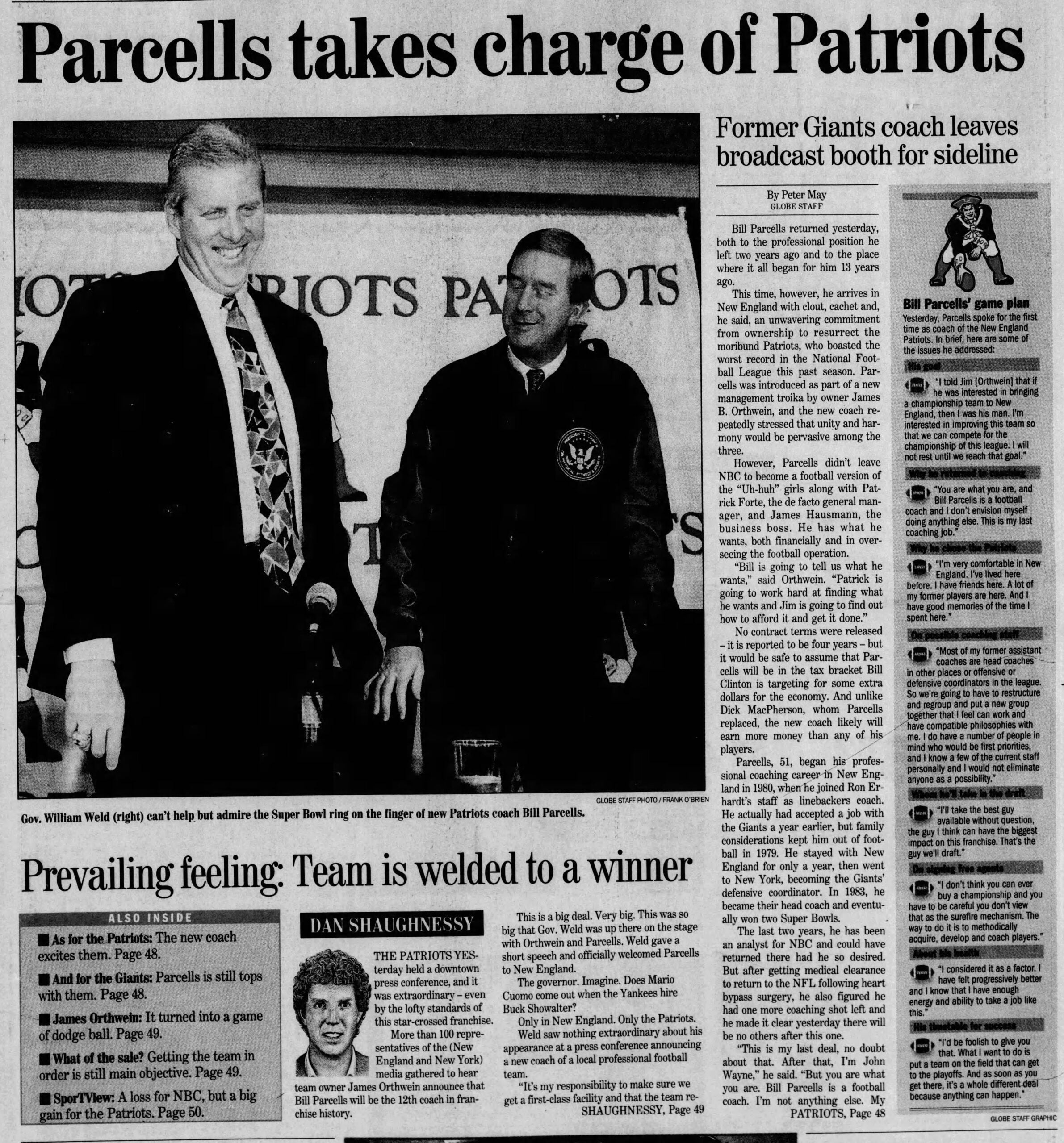 The Boston Globe sports section Bill Parcells hired Patriots 1993